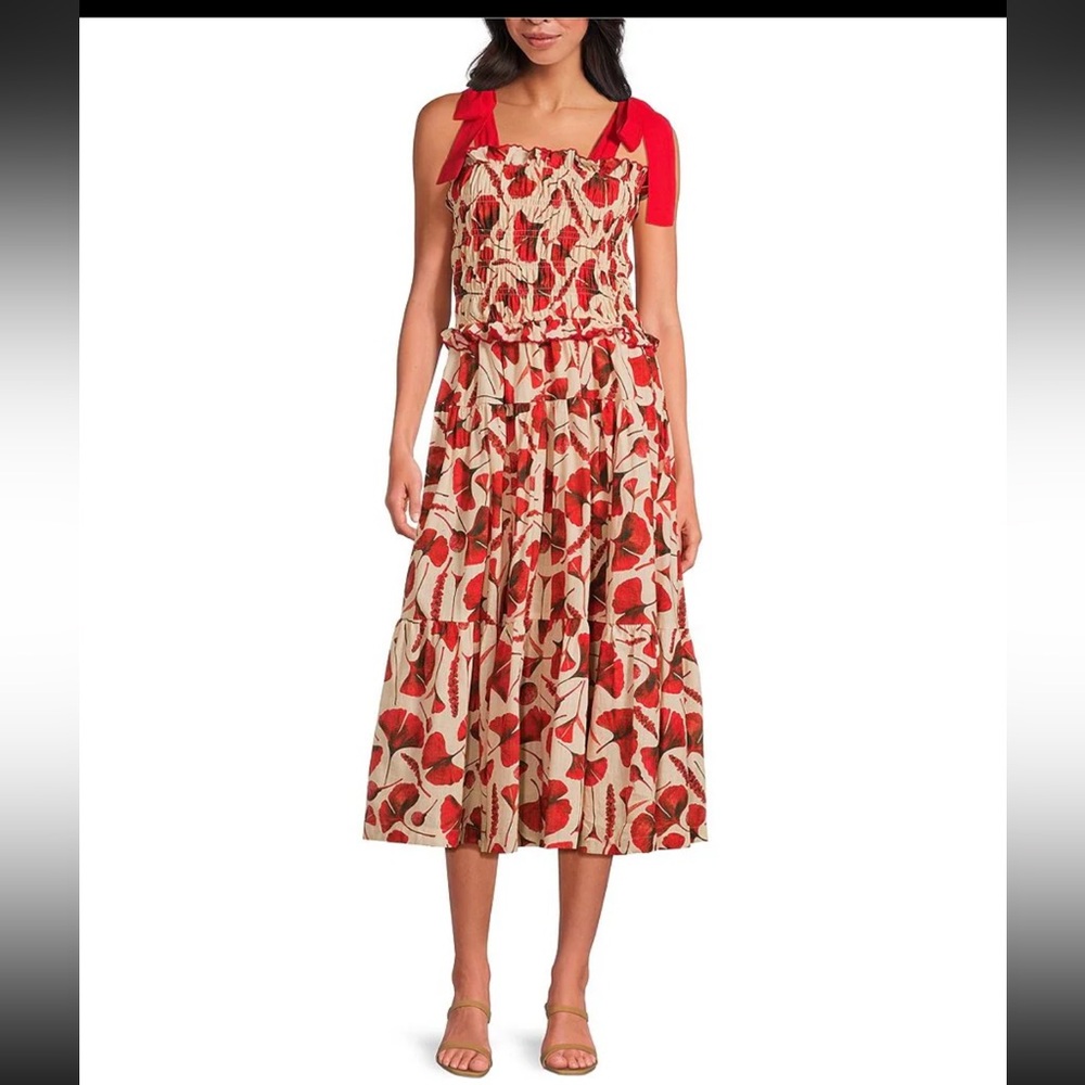En Saison Leaf Print Square Neck Sleeveless Midi Dress
